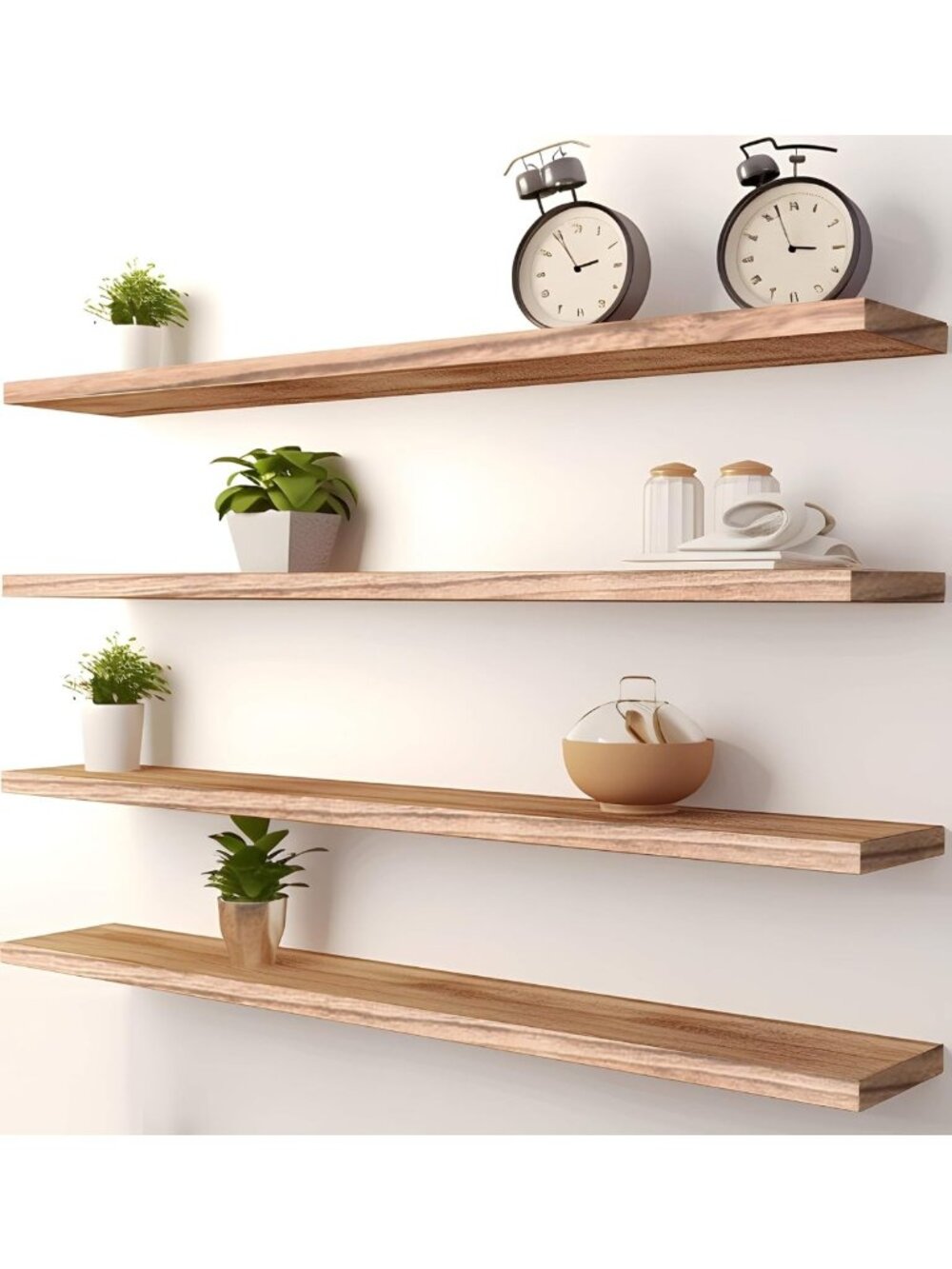 Set of 4 Light Brown 36-Inch Wooden Floating Wall Shelves for Bedroom Decor